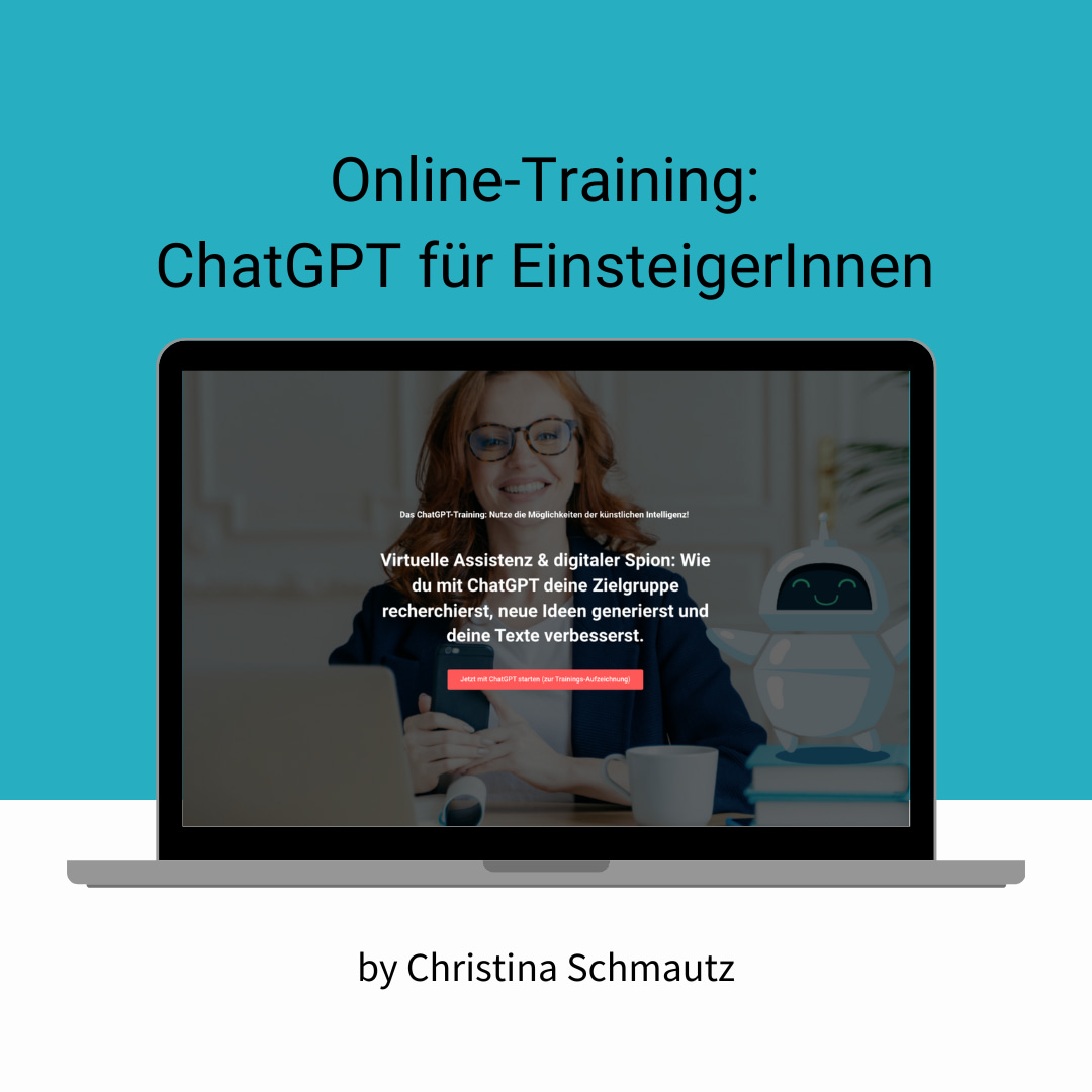 Text Online-Training: ChatGPT für EinsteigerInnen und darunter ein Laptop.