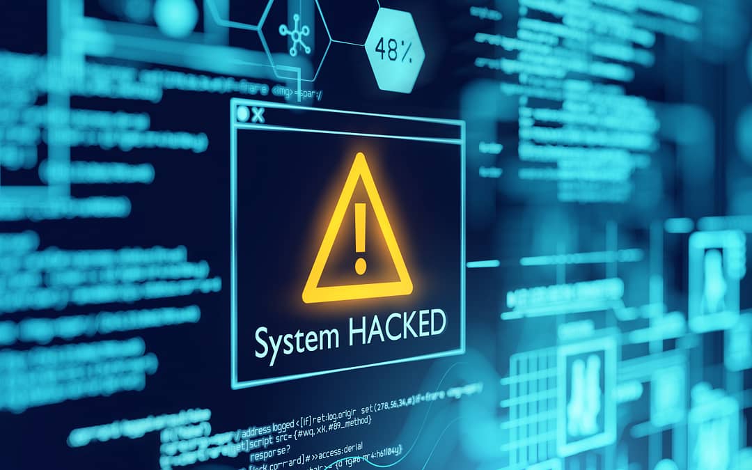 Ein Bildschirm mit einer Sicherheitswarnung "System Hacked".