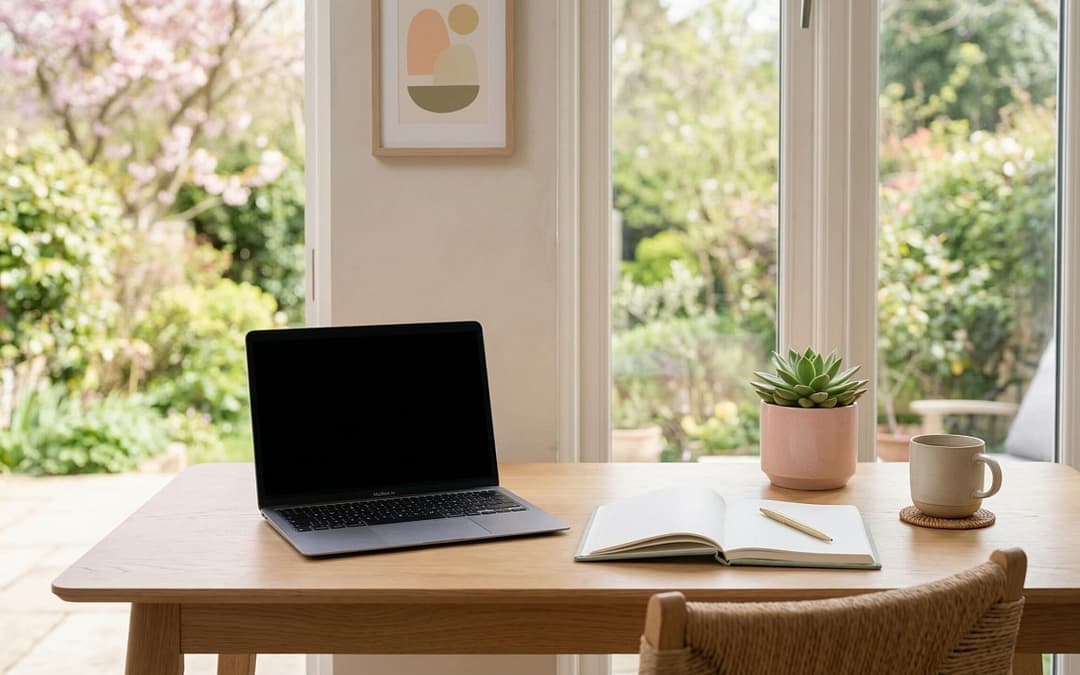 Ruhiger Arbeitsplatz mit Laptop, Notizbuch und Tasse auf einem Holztisch vor großen Fenstern mit Blick in einen grünen Garten.