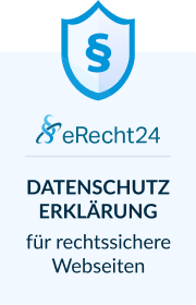 Hier sehen Sie das Siegel von eRecht24. Als Text ist zu lesen: Datenschutzerklärung für rechtssichere Webseiten.
