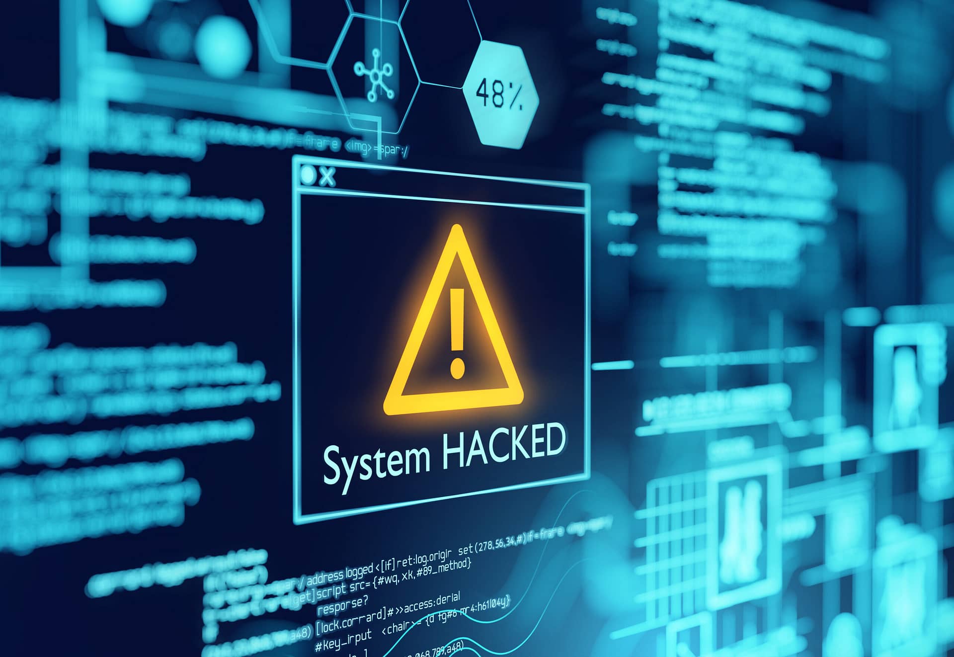 Ein Bildschirm mit einer Sicherheitswarnung "System Hacked".